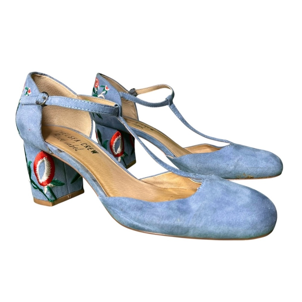 Chelsea Crew Blue Heels with Floral Embroidery